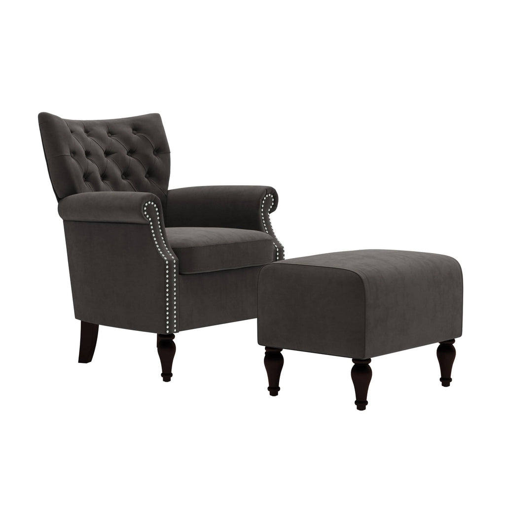 Button Tufted Rolled Arm Chair and Ottoman Charcoal Gray Velvet B323601