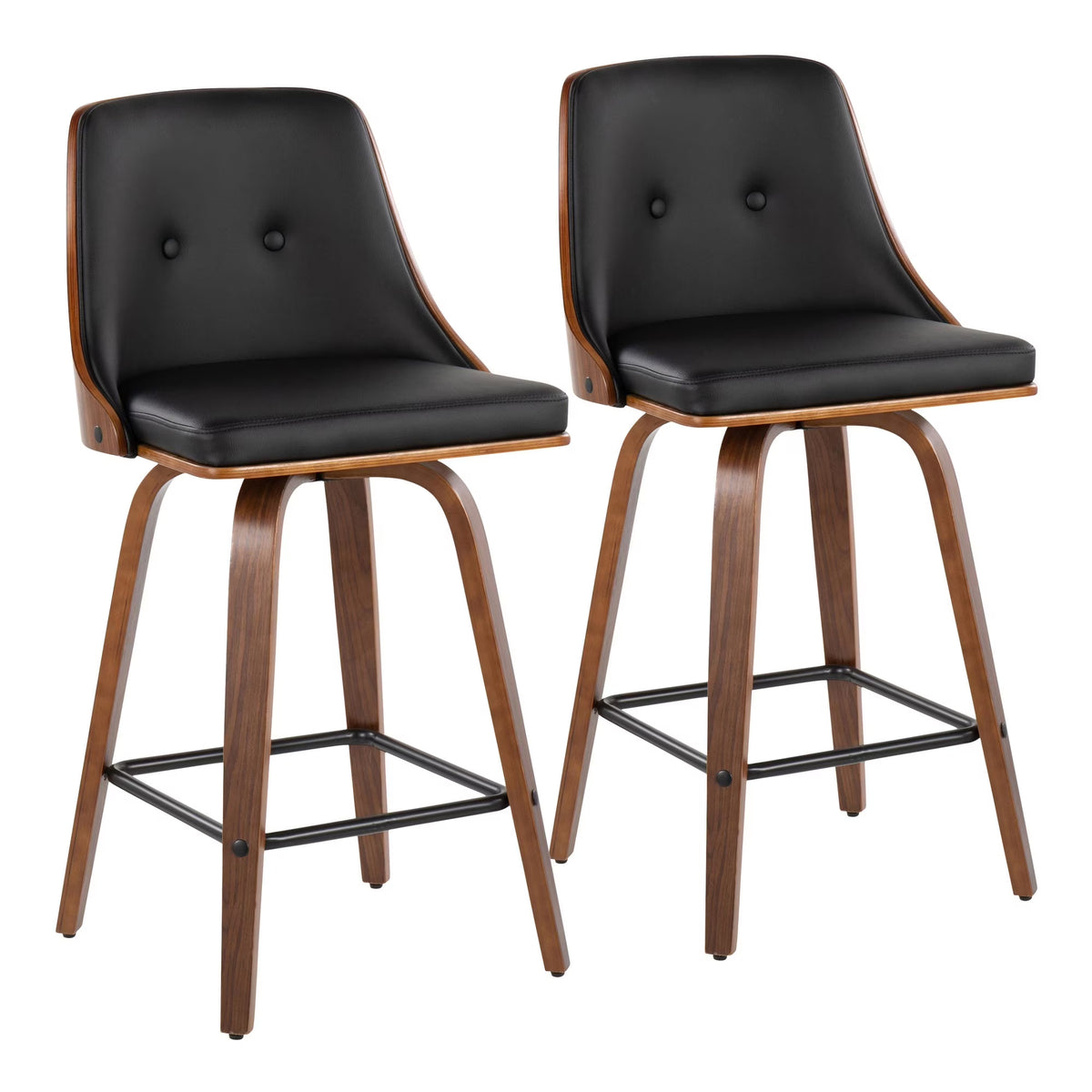 26" Mid-Century Modern Counter Stool in Walnut with Black Faux Leather, Set of 2 R4964