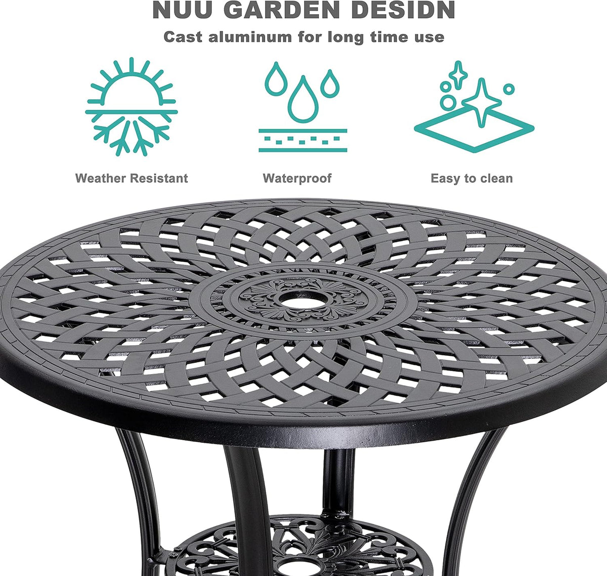 32 Inch Black Cast Aluminum Round Outdoor Dining Table with Umbrella Hole M8196