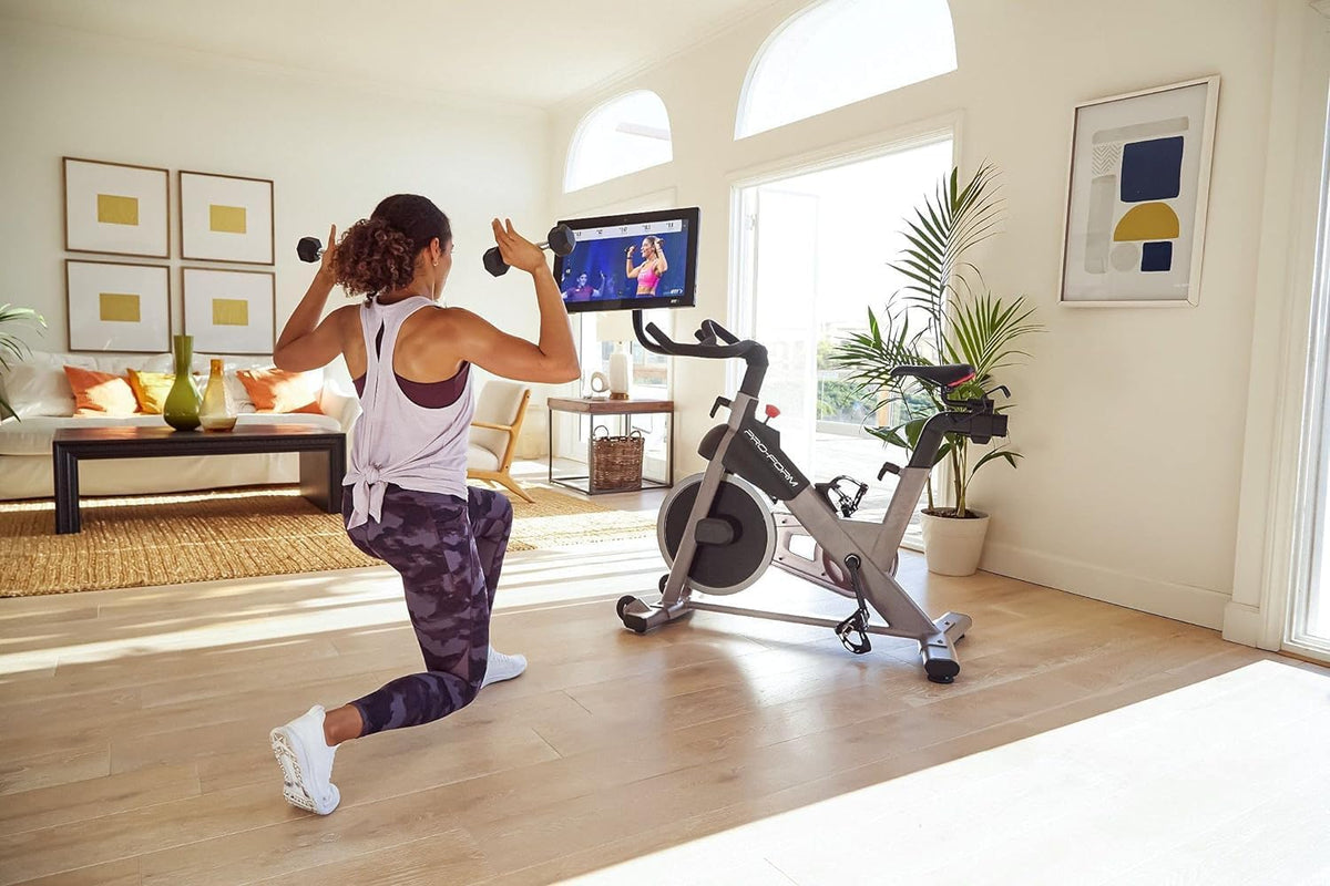22” HD Touchscreen Exercise Bike with 24 resistance levels, Two 3 lb dumbbells, Black U329128