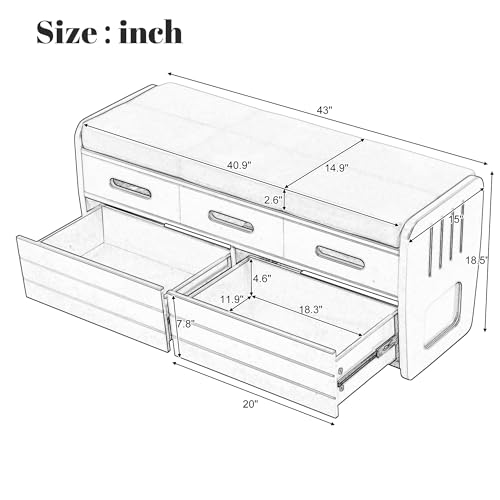 White Wooden Storage Bench with 2 Drawers and Cushion R22162