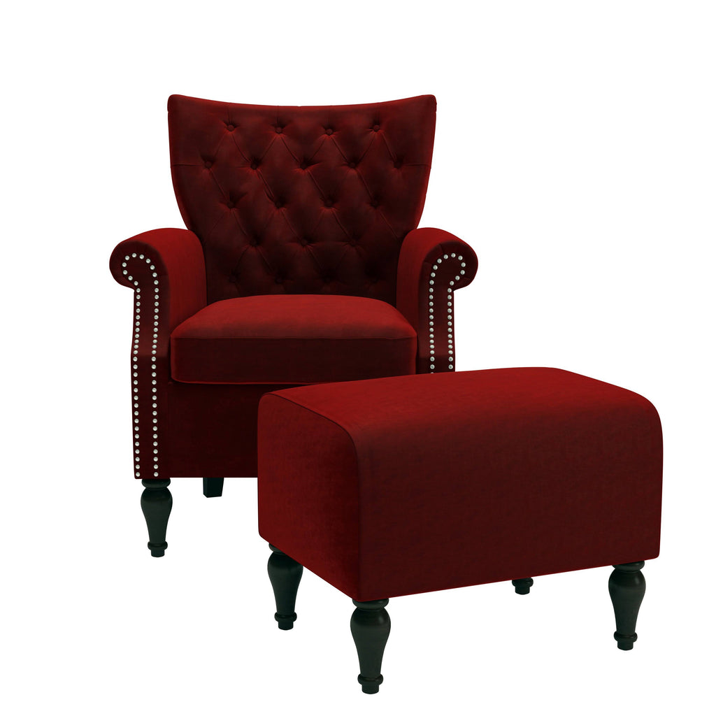 Button Tufted Rolled Arm Chair and Ottoman Charcoal Gray Velvet B323601