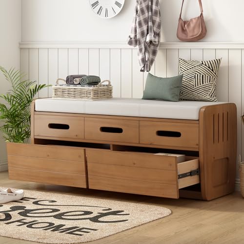 White Wooden Storage Bench with 2 Drawers and Cushion R22162