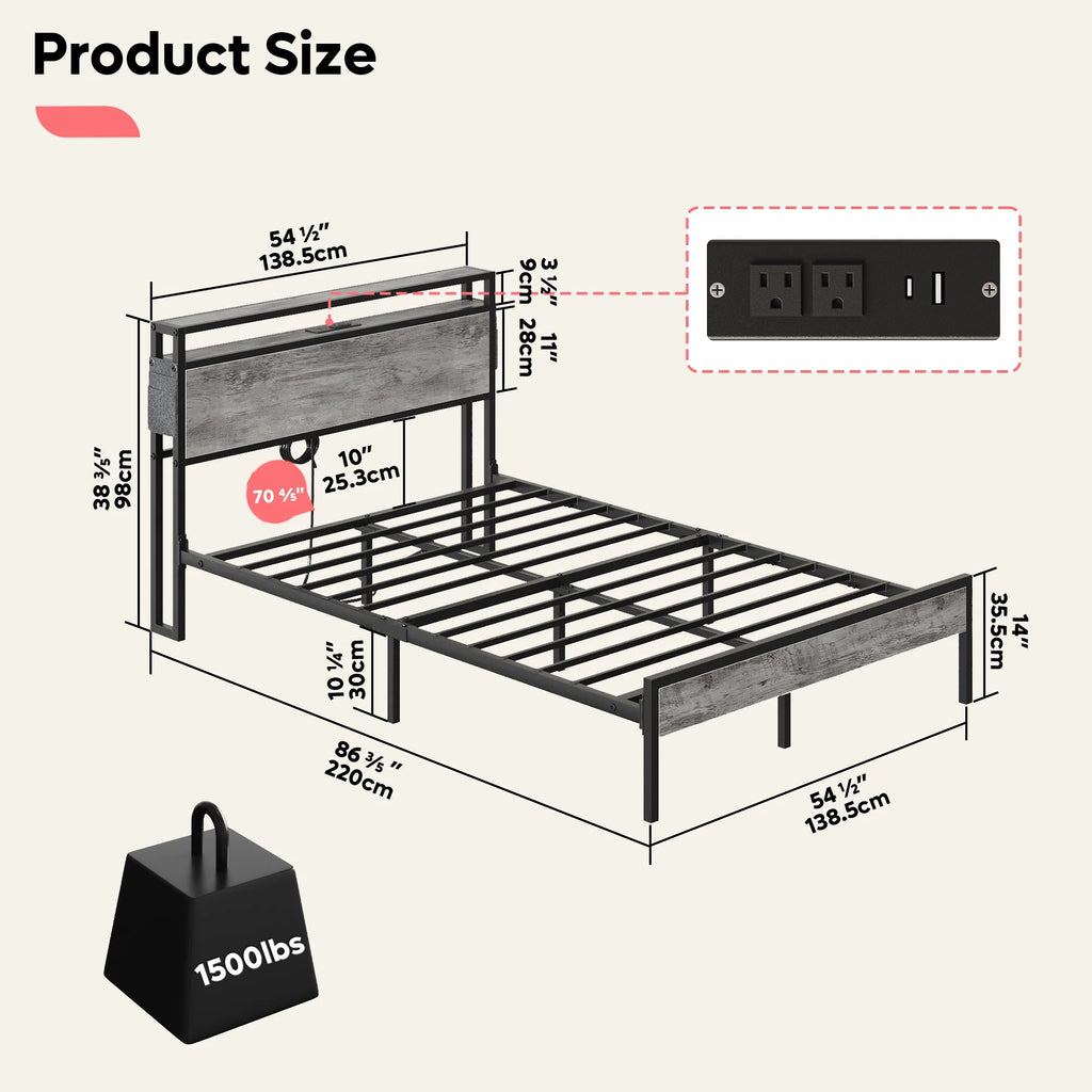 Queen Size Platform Bed with Storage Headboard N1257
