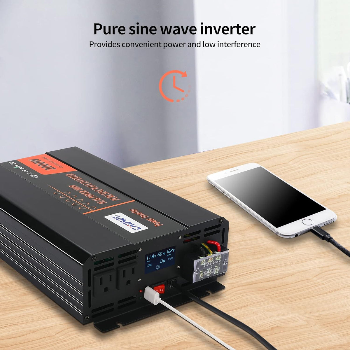 2000W Pure Sine Wave Power Inverter DC 12V to AC 120V with LCD Display Remote Control USB Port B739