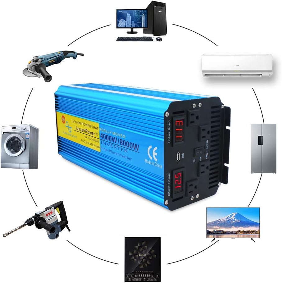 Pure Sine Wave Power Inverter 4000W 12V to 110V DC to AC with LED Display Remote Controller N330