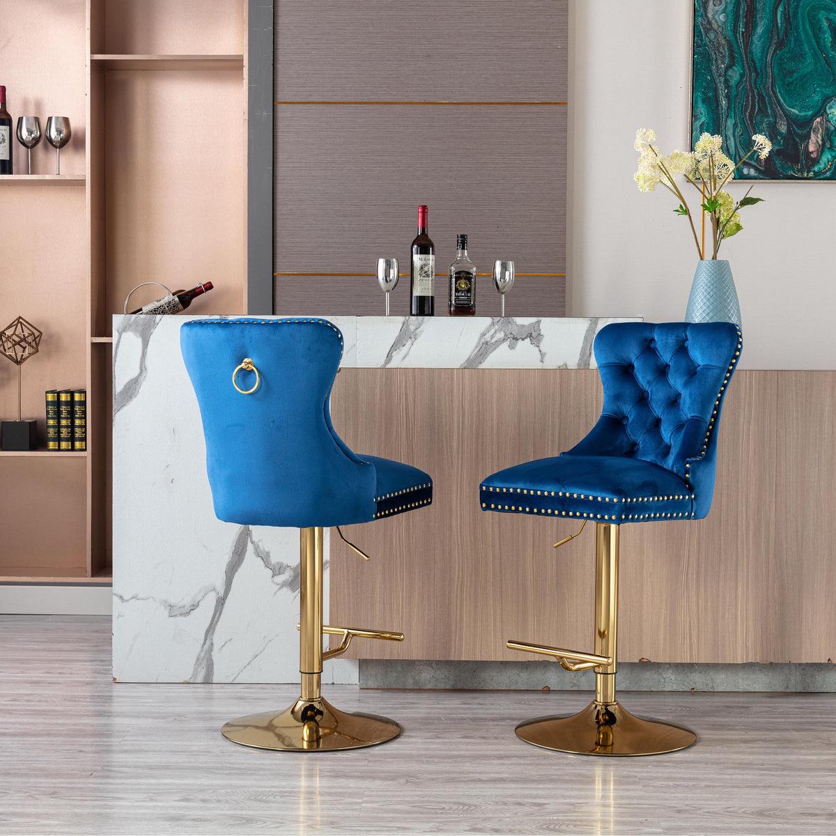 Blue Velvet Swivel Bar Stools Set Of 2 Adjustable Counter Height I954544