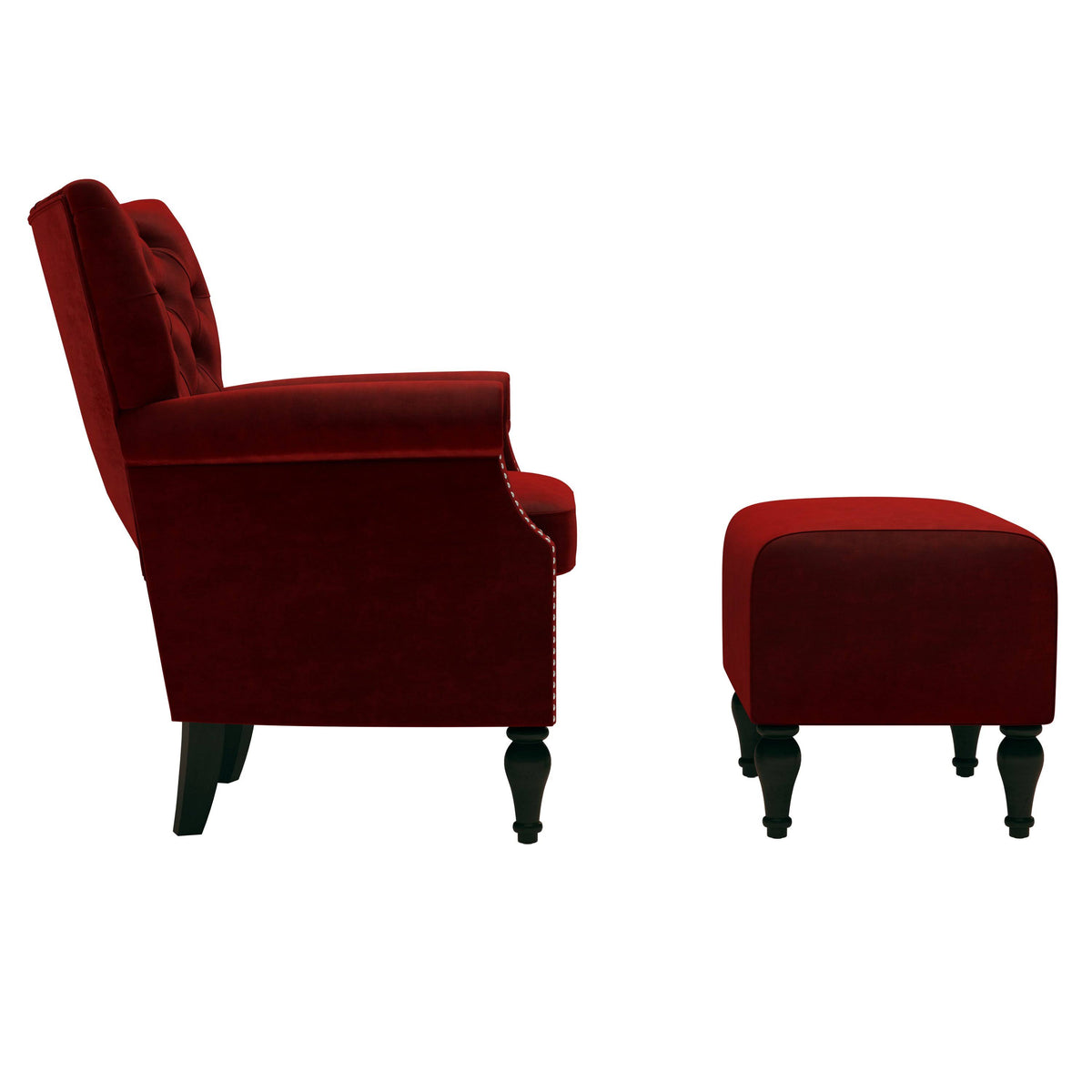 Button Tufted Rolled Arm Chair and Ottoman Charcoal Gray Velvet B323601