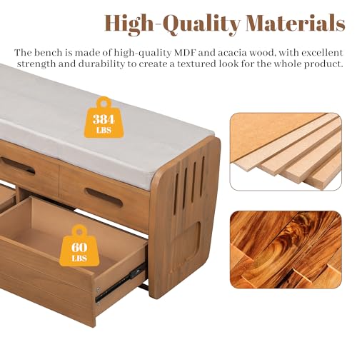 White Wooden Storage Bench with 2 Drawers and Cushion R22162