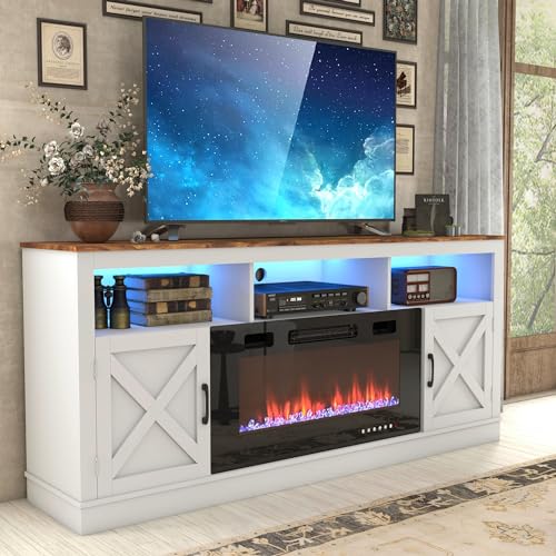Grey 70 Inch TV Stand with Electric Fireplace and Barn Door Cabinet V91171