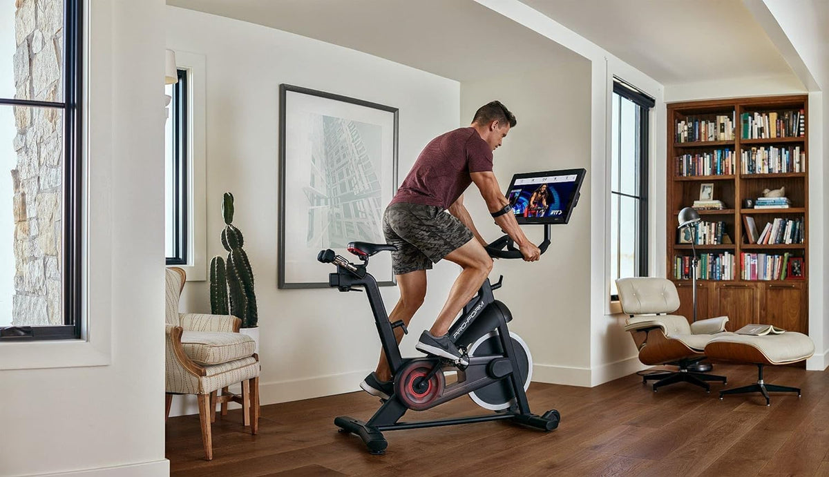 22” HD Touchscreen Exercise Bike with 24 resistance levels, Two 3 lb dumbbells, Black U329128