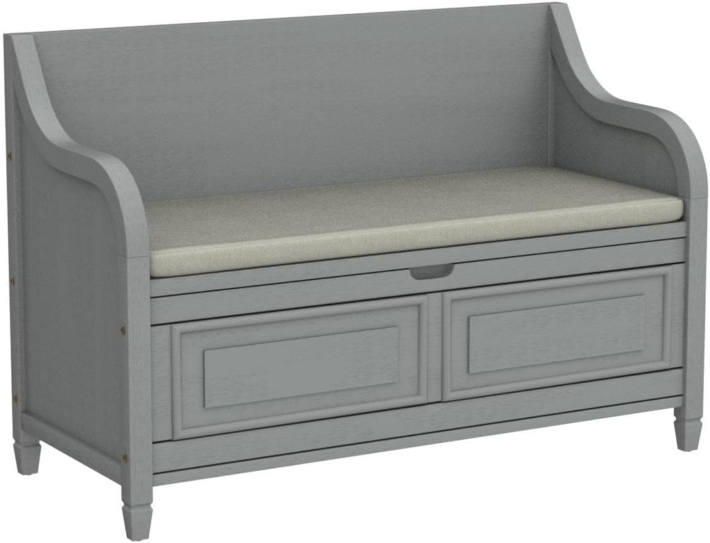 Rustic Storage Bench with Backrest and Hidden Storage, Gray Wash+Beige S6317