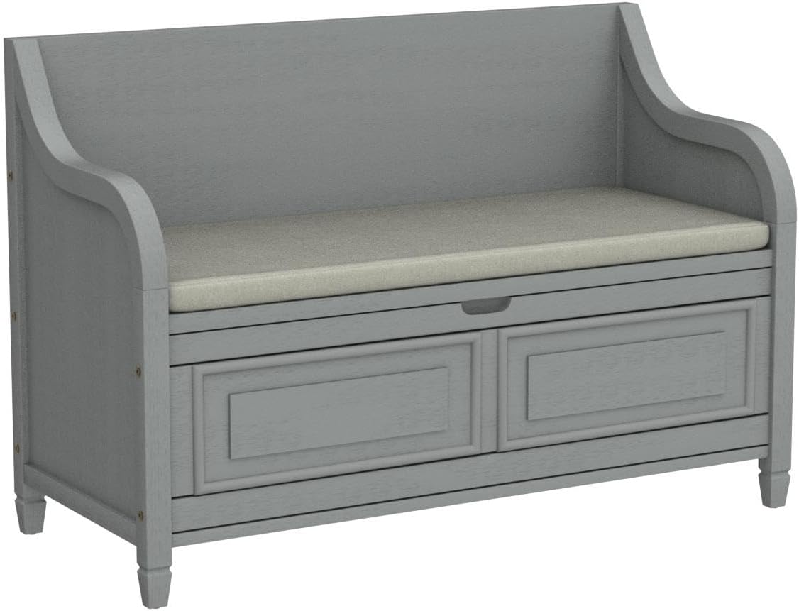 Rustic Storage Bench with Backrest and Hidden Storage, Gray Wash+Beige S6317