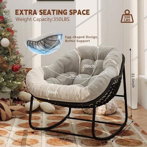 Beige Oversized Wicker Rocking Chair with Cushion D95418