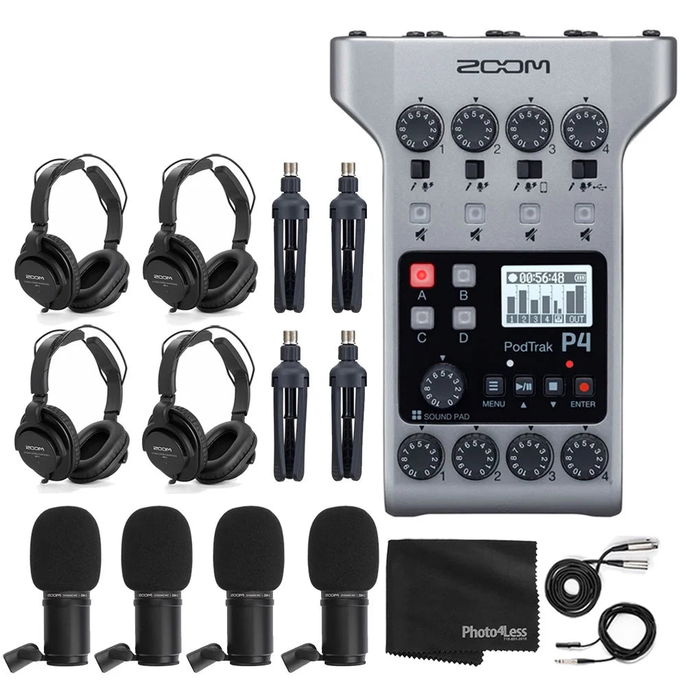 Portable Multitrack Podcast Recorder with 4x Mic, 4x Headphones, Windscreens, XLR Cables, 4x Tabletop Stand, Cloth G58984