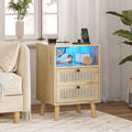 Black Wood Nightstand with 2 Rattan Drawers and USB Ports L480