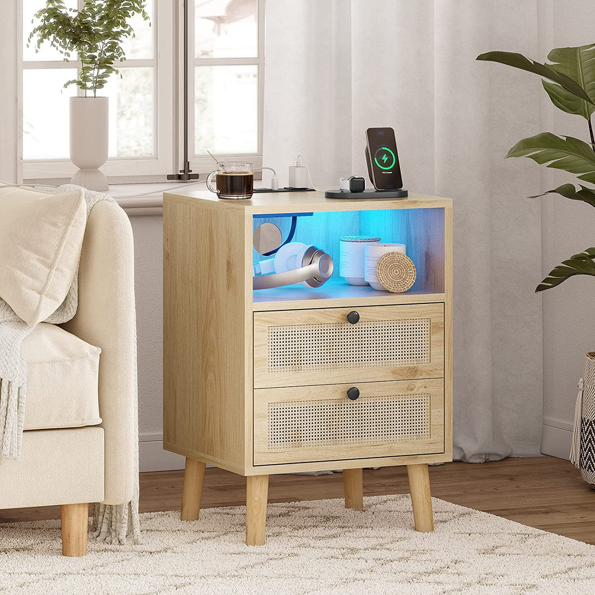 Black Wood Nightstand with 2 Rattan Drawers and USB Ports L480
