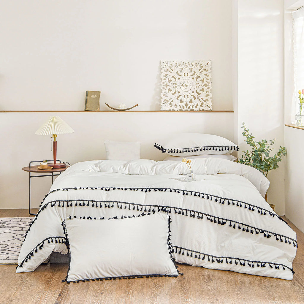 White Black Tassel King Duvet Cover Set Z77352