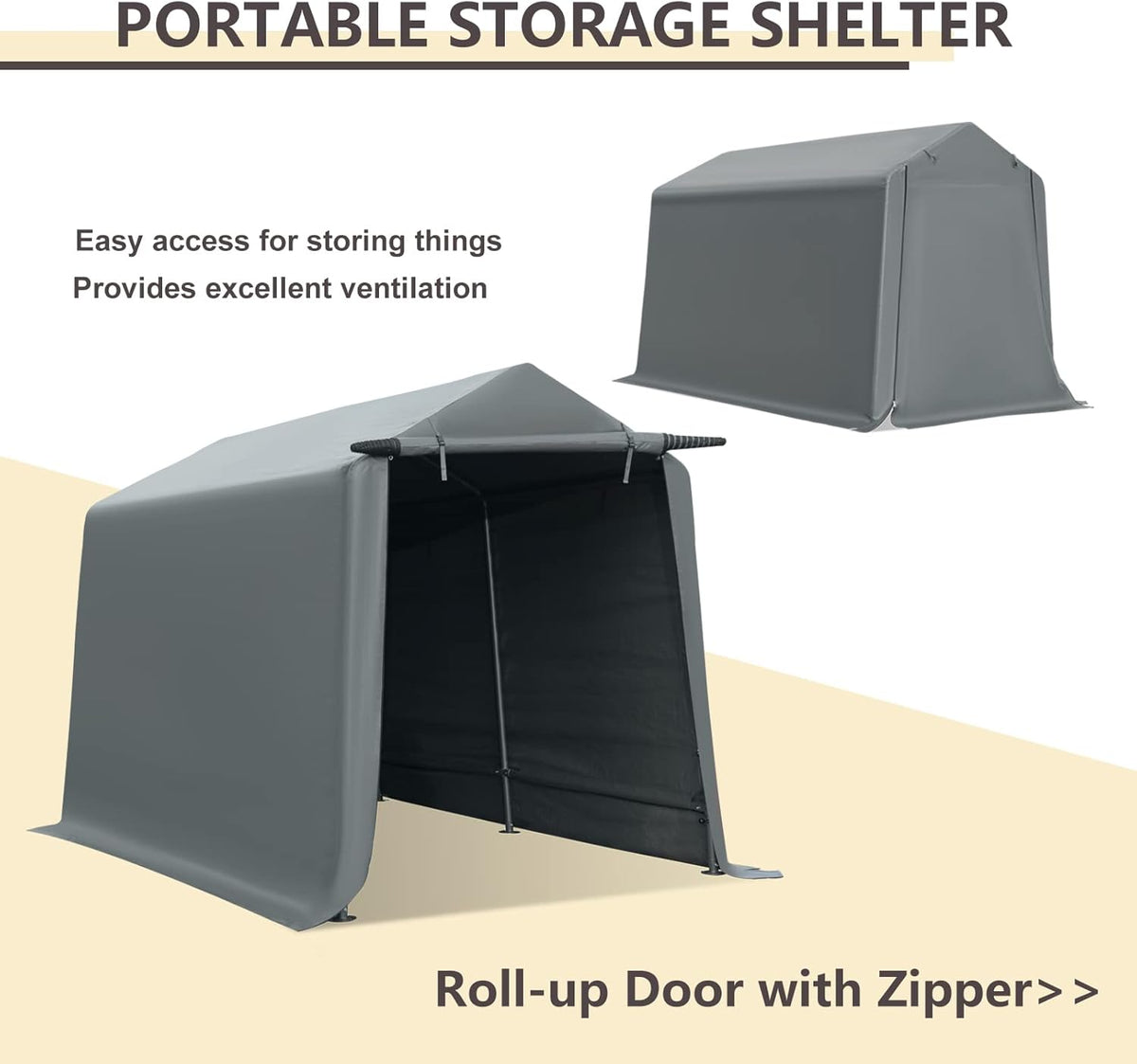 7x12 ft Gray Portable Storage Shed with Roll-up Zipper Door F64931