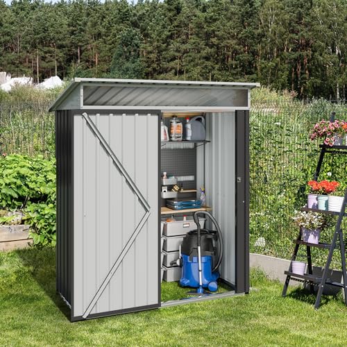 5x3 FT Waterproof Metal Garden Shed with Window and Lockable Double Door Dark Gray D709343