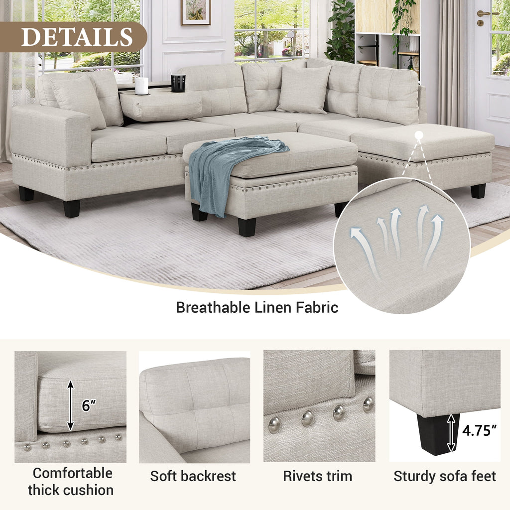 Light Gray Sectional Sofa with Storage Ottoman and Cup Holder D522