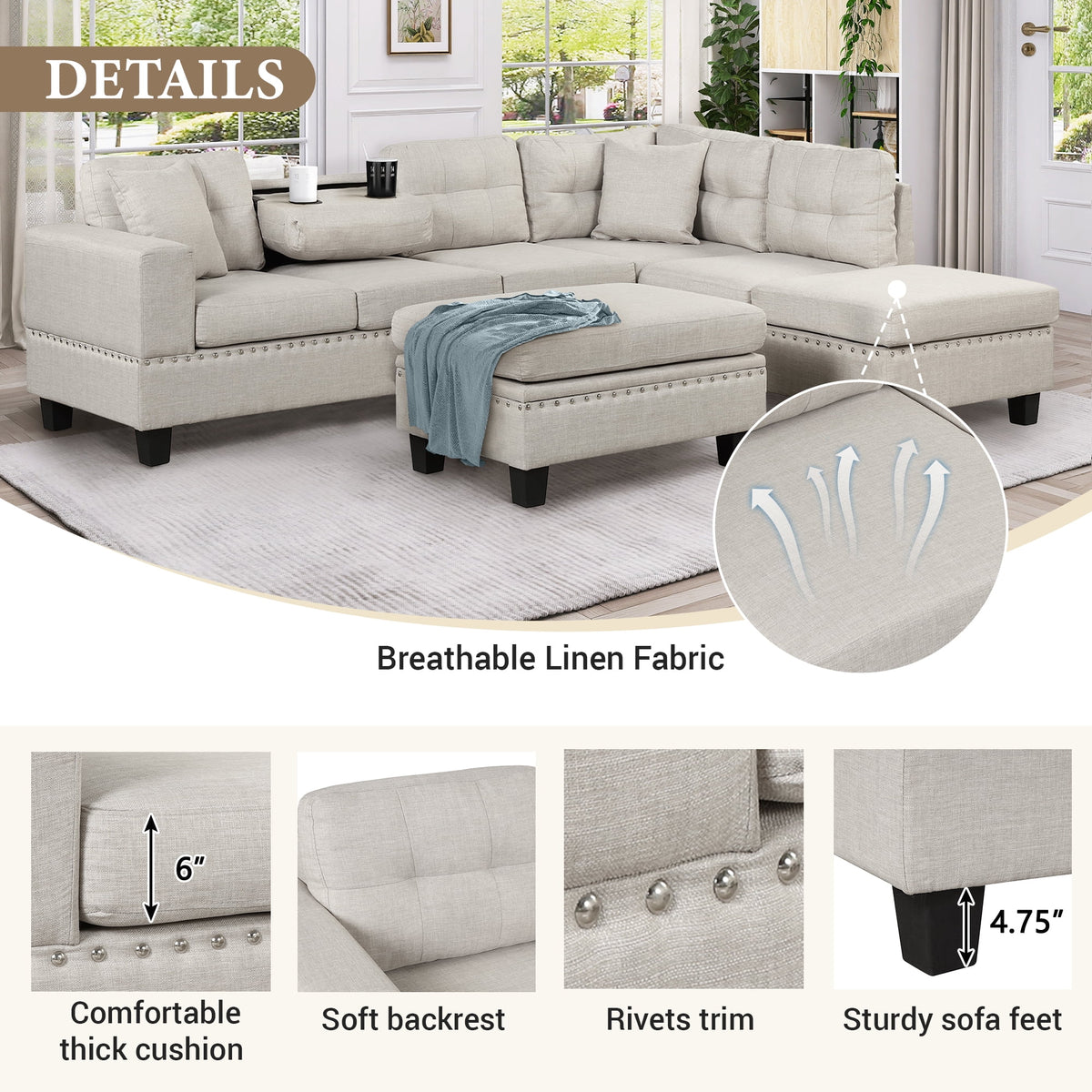 Light Gray Sectional Sofa with Storage Ottoman and Cup Holder D522
