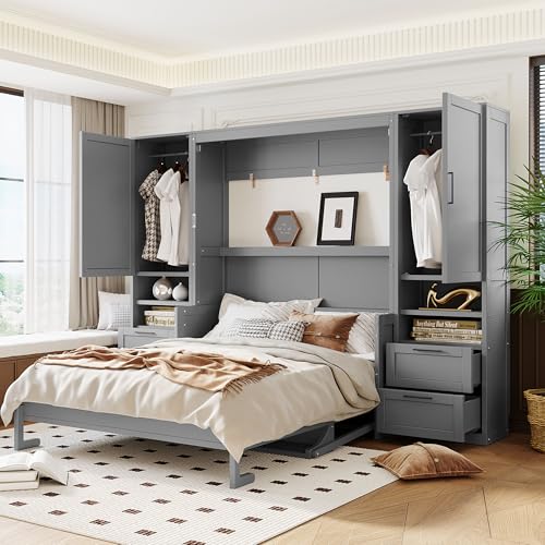 Gray Queen Size Murphy Bed with 5 Drawers and Storage Shelves B5746