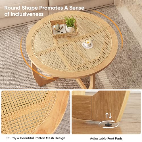 Round Wood Glass Rattan Coffee Table A1180