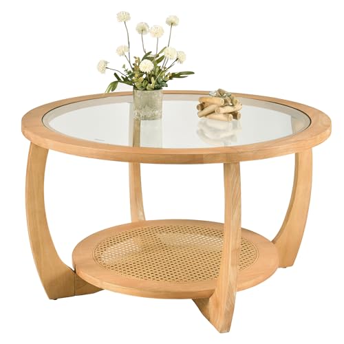 Round Wood Glass Rattan Coffee Table A1180