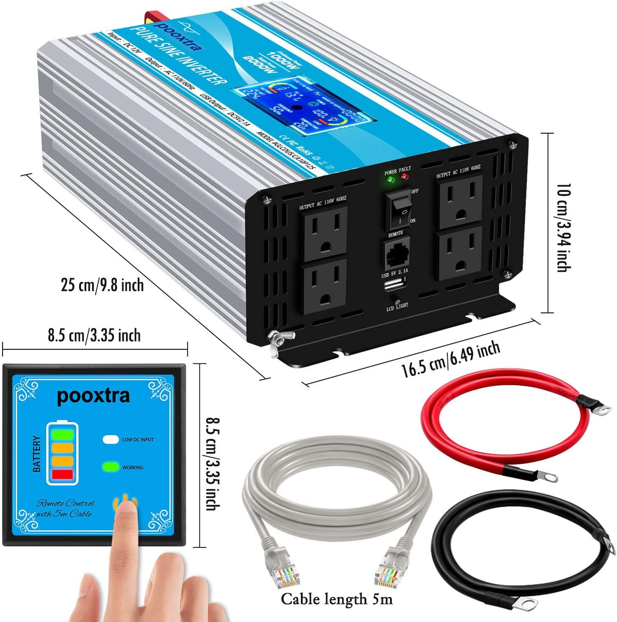 2000 Watt Pure Sine Wave Power Inverter 12V DC to 110V AC with LCD Display USB Port 4 AC Outlets R7298