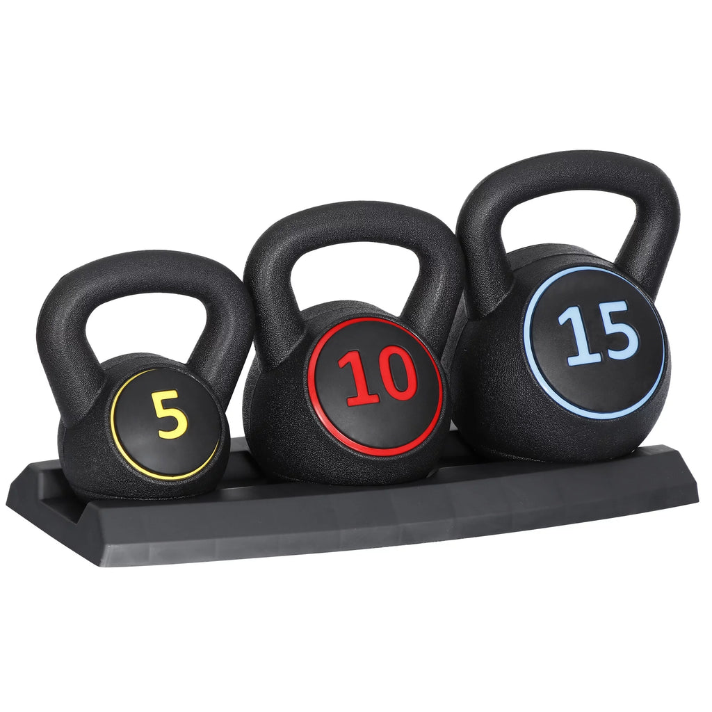 3 Piece 5lb 10lb 15lb Kettlebell Set with Storage Rack A83901