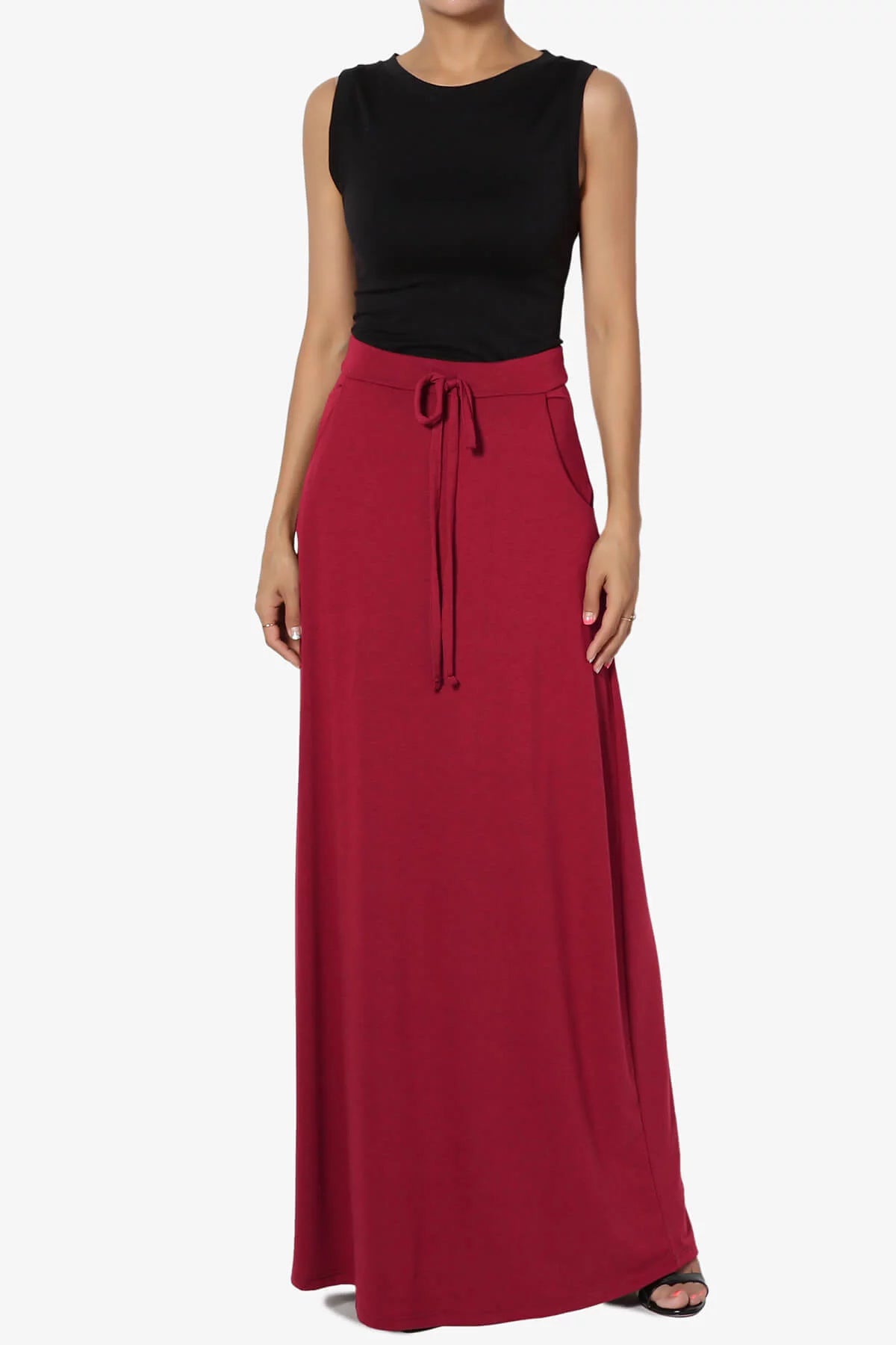 Women's PLUS Drawstring Waist Pocket Drapey Jersey A-Line Long Maxi Skirt A4455