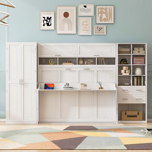 Gray Queen Size Murphy Bed with 5 Drawers and Storage Shelves B5746
