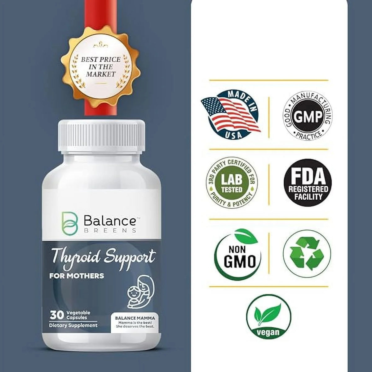 Thyroid Support Supplement with Iodine, L-Tyrosine, Vitamin B12, Selenium - 30 Vegetable Capsules U79849