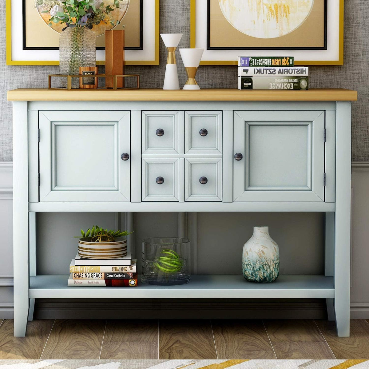 Navy Blue Solid Wood Console Table with 3 Drawers, 2 Cabinet, 1 Shelf U887