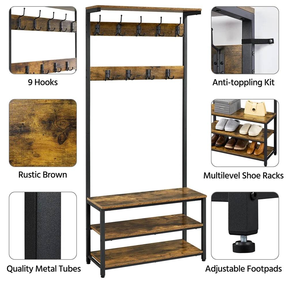Rustic Brown 3-in-1 Industrial Hall Tree with Shoe Storage & Hooks G610643