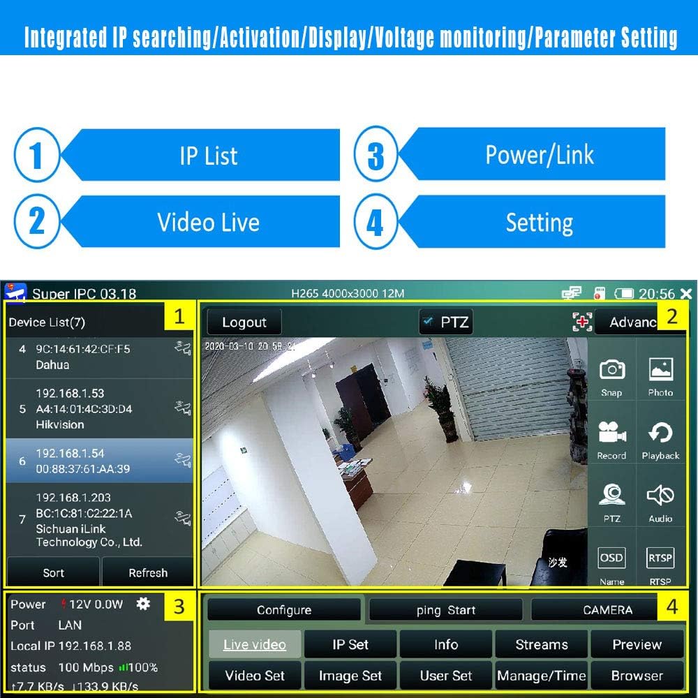 CCTV Camera Tester with IP Discovery, PoE, WiFi, HDMI Output O1180