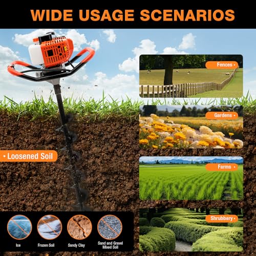 52cc 1700W Gas Powered Auger Post Hole Digger with 3 Drill Bits Z36850