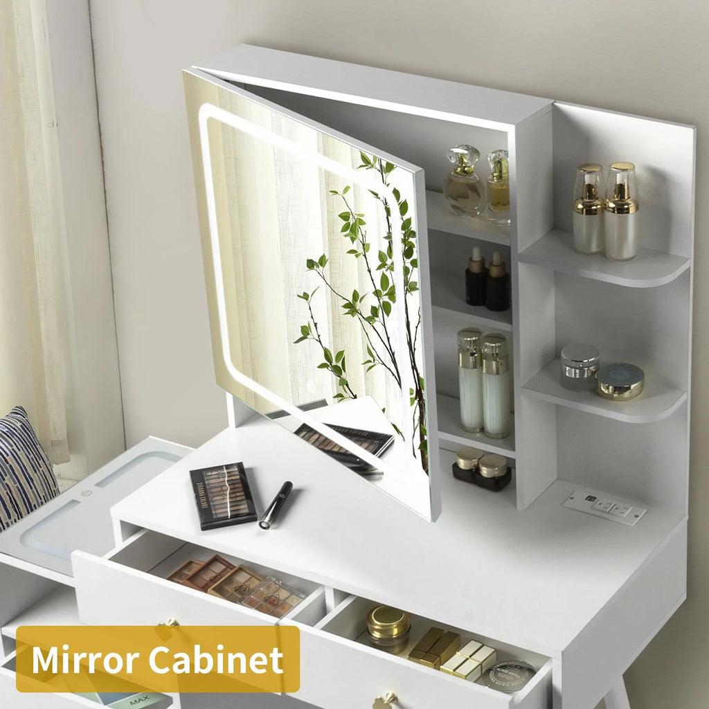 White Lighted Vanity Table Set with LED Nightstand V127