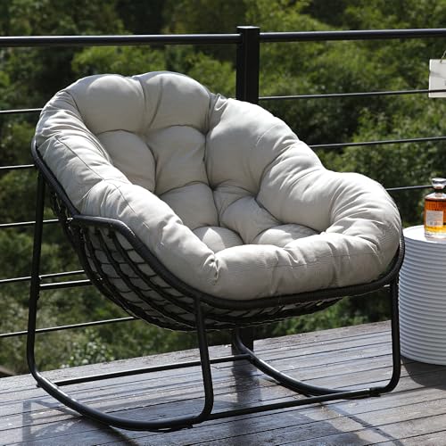 Beige Oversized Wicker Rocking Chair with Cushion D95418