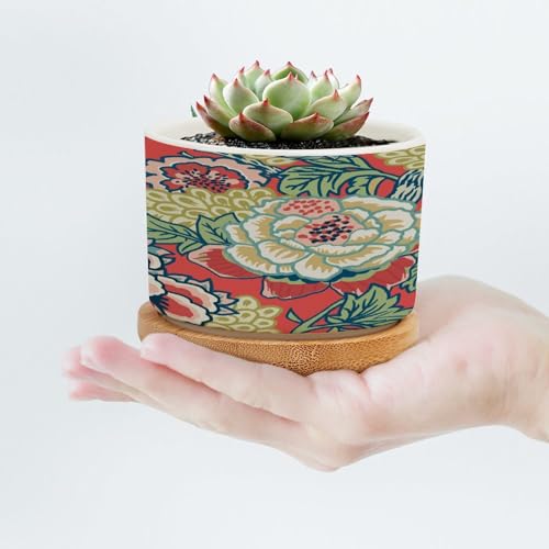 Pink and Blue Ceramic Round Flower Pots with Drainage Holes and Bamboo Tray K72412