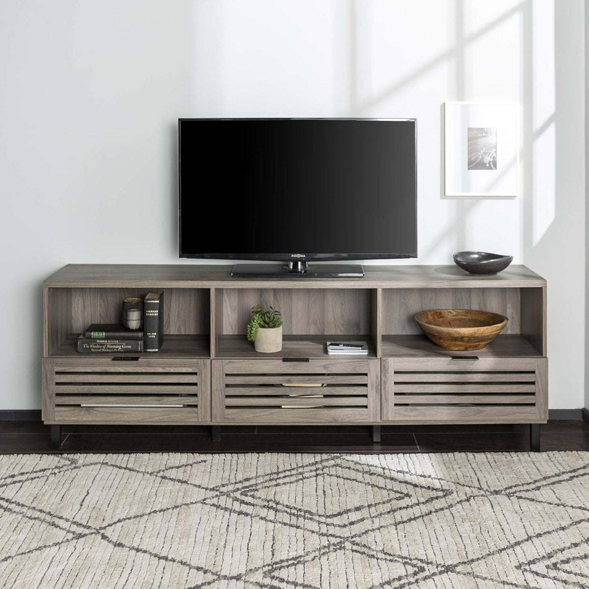 Modern Wood TV Stand with Slat Doors, 58 Inch, Dark Walnut T78447