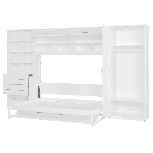 Gray Queen Size Murphy Bed with 5 Drawers and Storage Shelves B5746