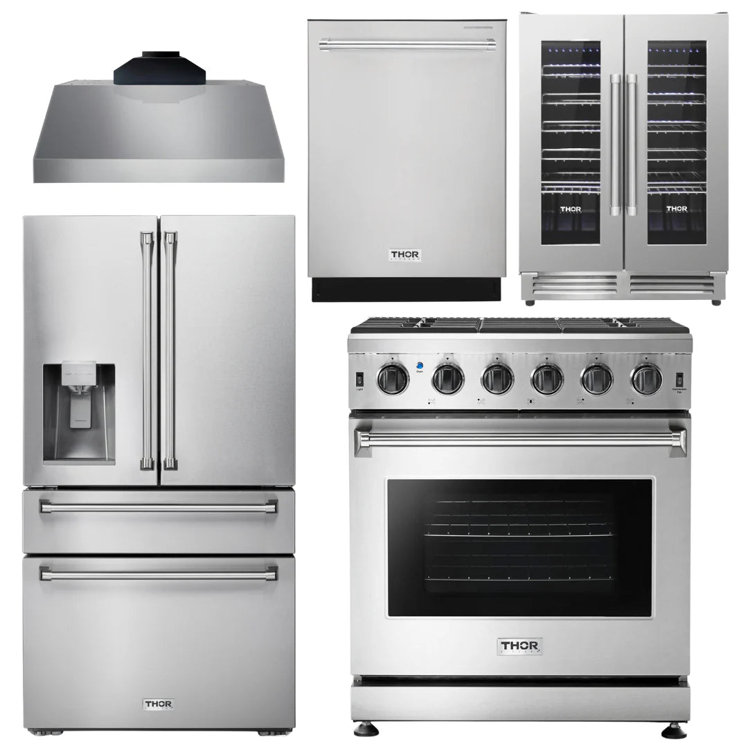 30 Propane Gas Range, Range Hood, Refrigerator with Water and Ice Dispenser, Dishwasher, Wine Cooler Y49779
