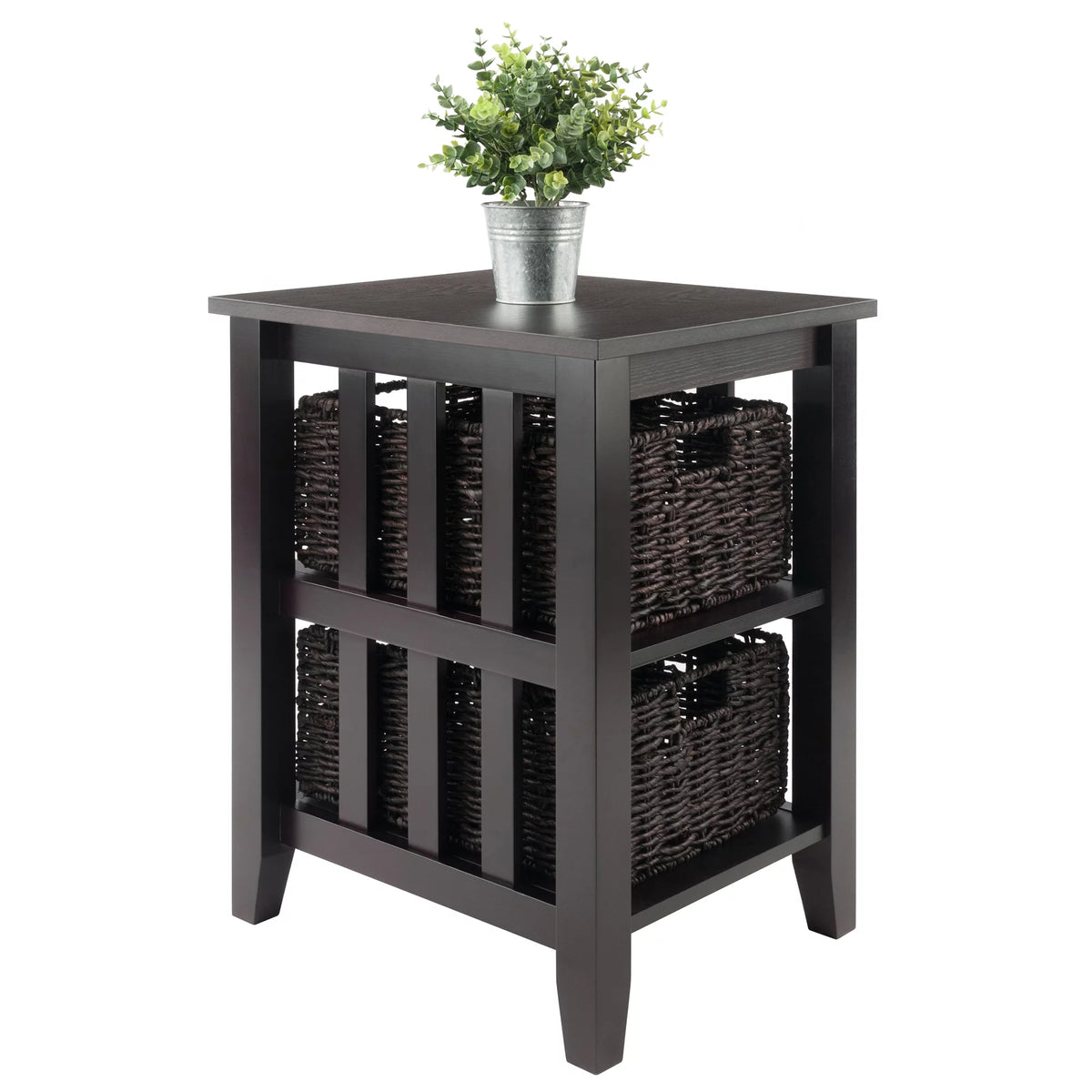 Dark Brown Espresso Side Table with Two Foldable Baskets O7017