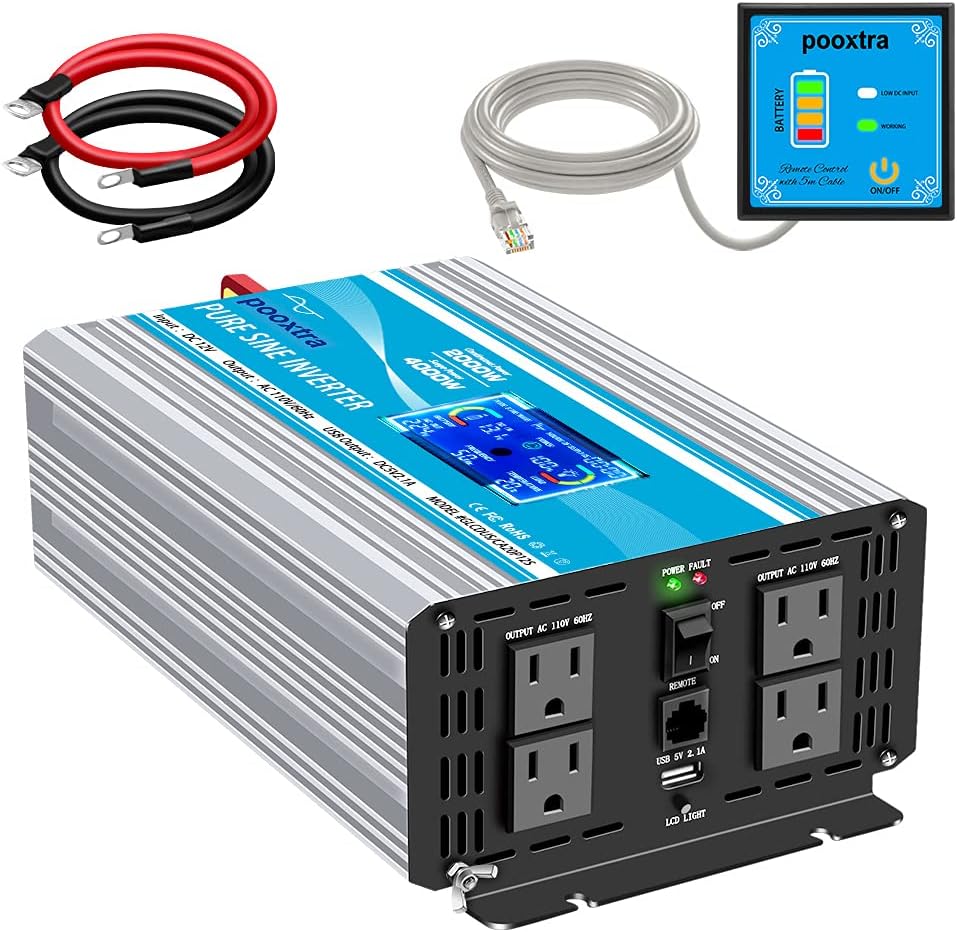 2000 Watt Pure Sine Wave Power Inverter 12V DC to 110V AC with LCD Display USB Port 4 AC Outlets R7298