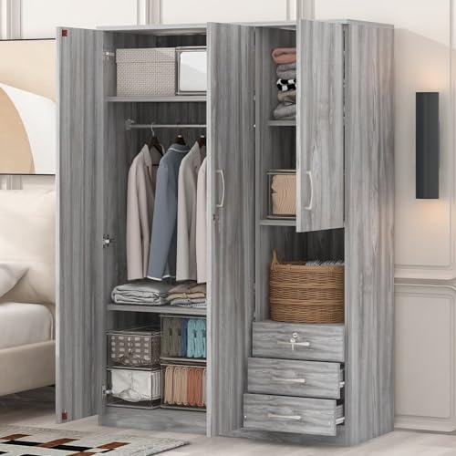 Grey Wooden Armoire Wardrobe with 6-Tier Shelves and 3 Drawers W85882