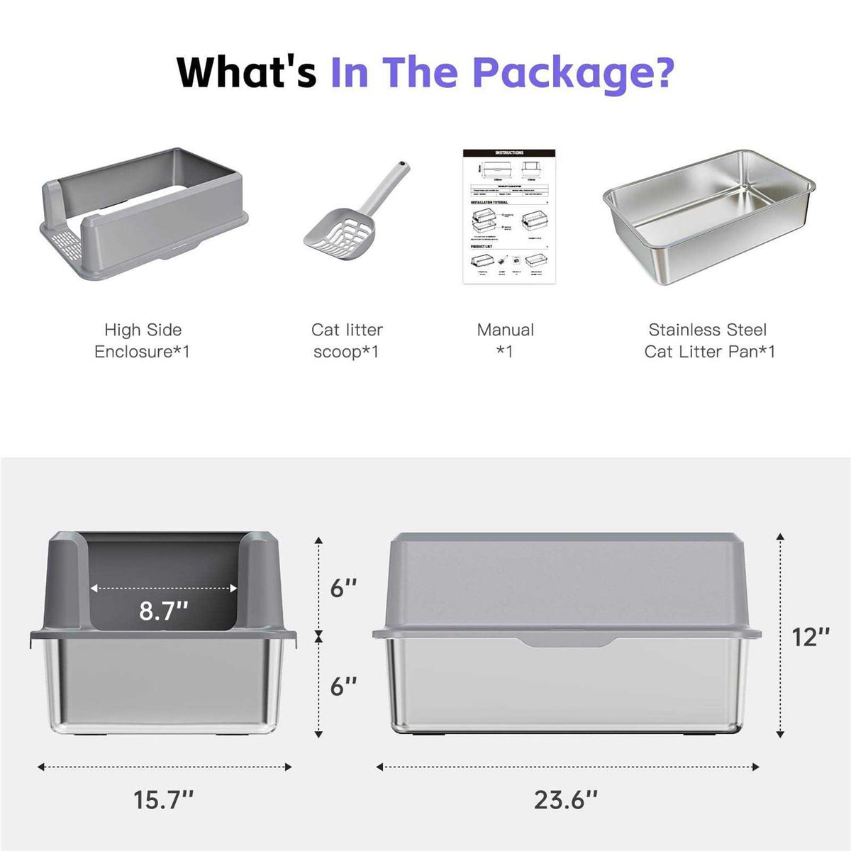 Enclosed Stainless Steel Litter Box XL with High Side I961075