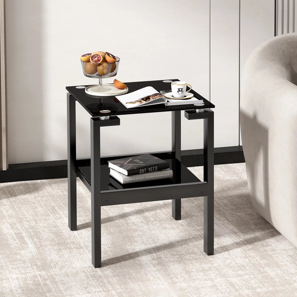 Black Tempered Glass 2 Layer End Table O4796