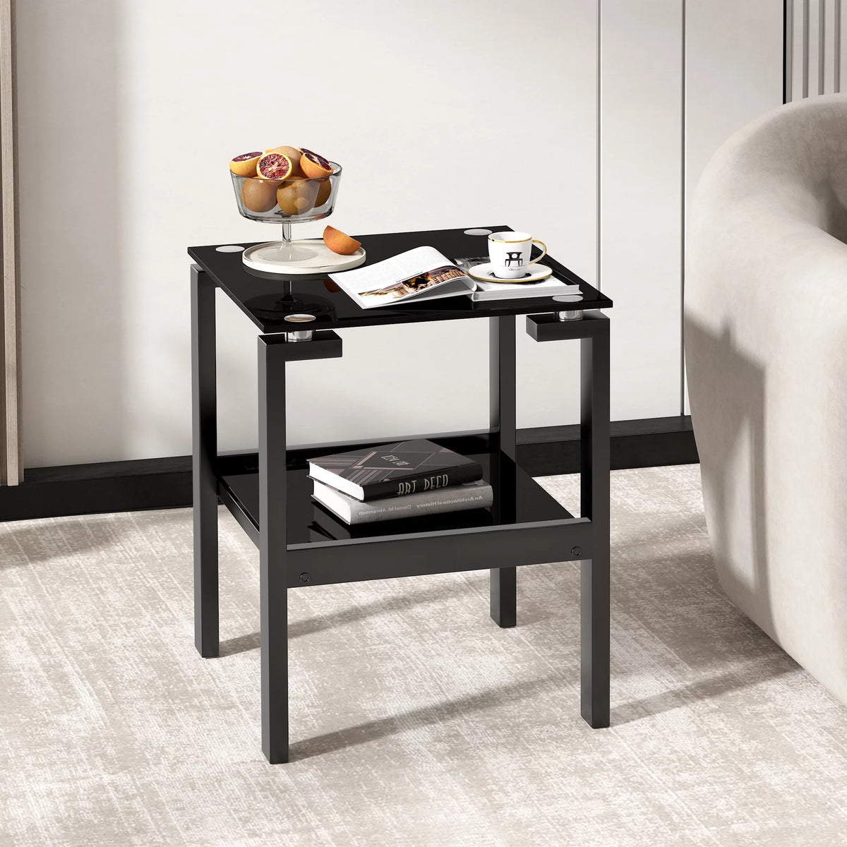 Black Tempered Glass 2 Layer End Table O4796